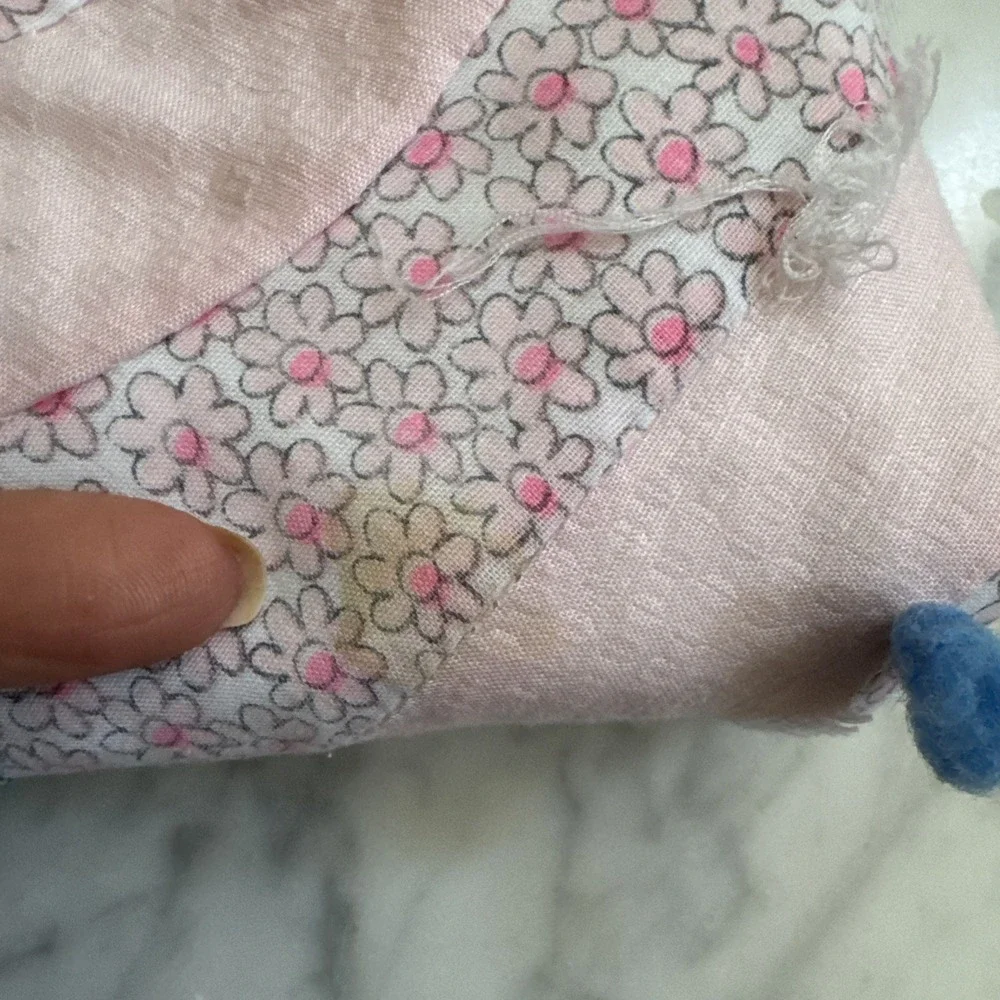 Vintage Handmade Patchwork Quilt Blue Pink Floral Calico Tied Baby Blanket 35x48